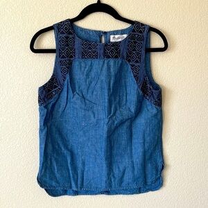 Madewell Indigo Embroidered Sleeveless Blouse Top S Cotton Linen Chambray Boho
